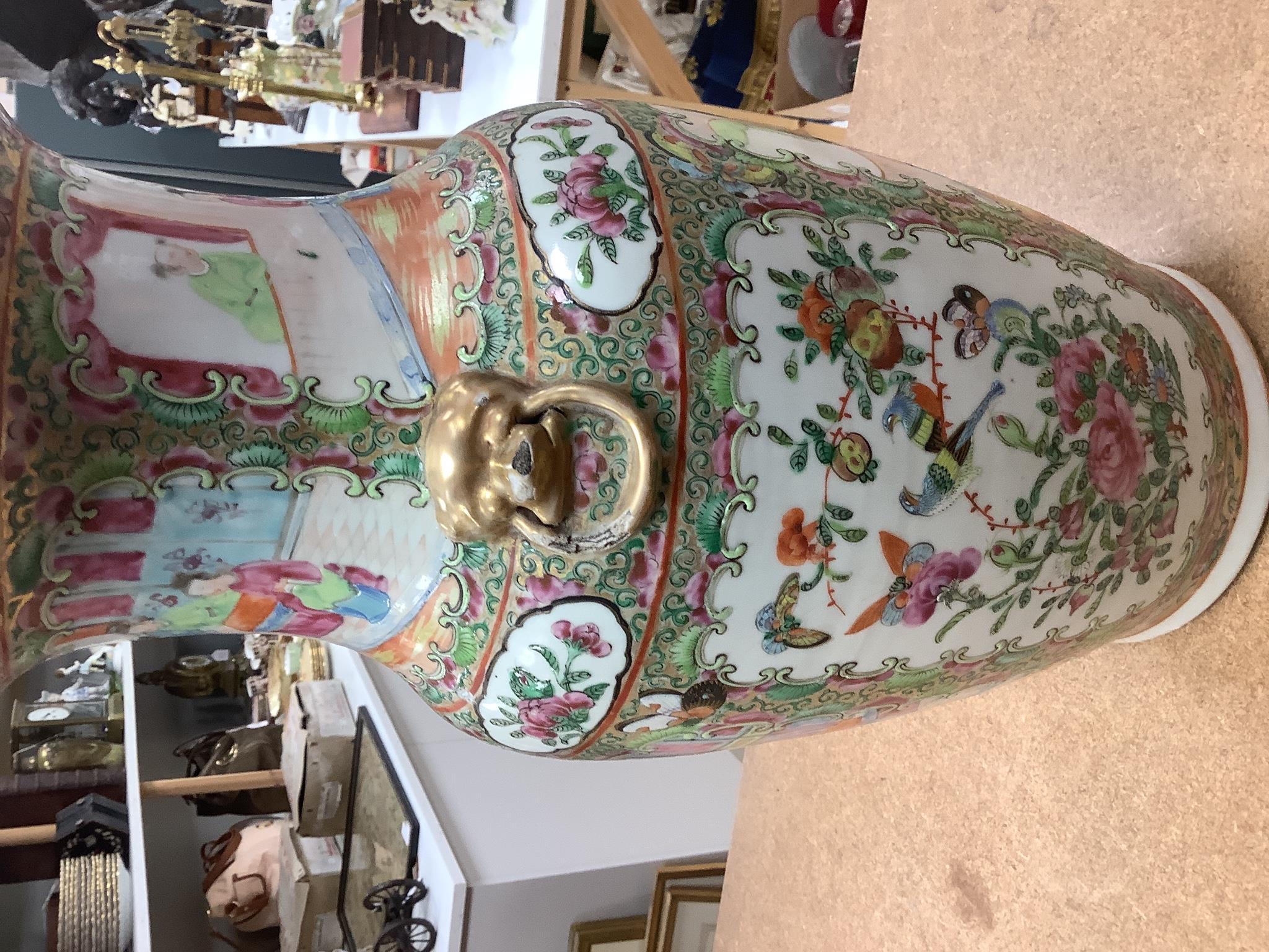 A pair of 19th century Chinese famille rose two handled vases, 36cm